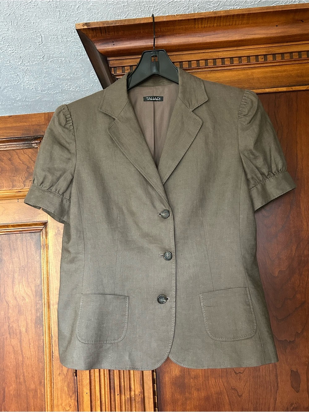 Tahari Olive/Brown Java(Neutral)Short-Sleeve Notch-Lapel Stitching Design Blazer - Picture 5 of 16